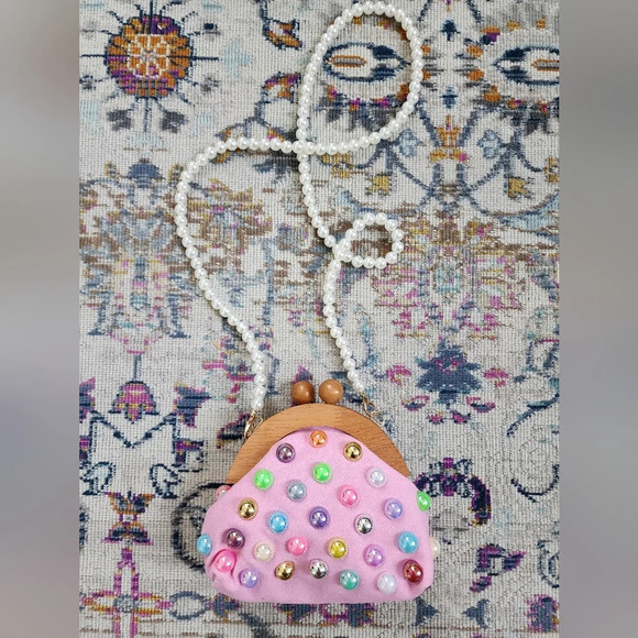 New, Bubble Gum Studded Pink, Wooden Closure, Clutch/Pearl Strap Purse - Picture 5 of 15